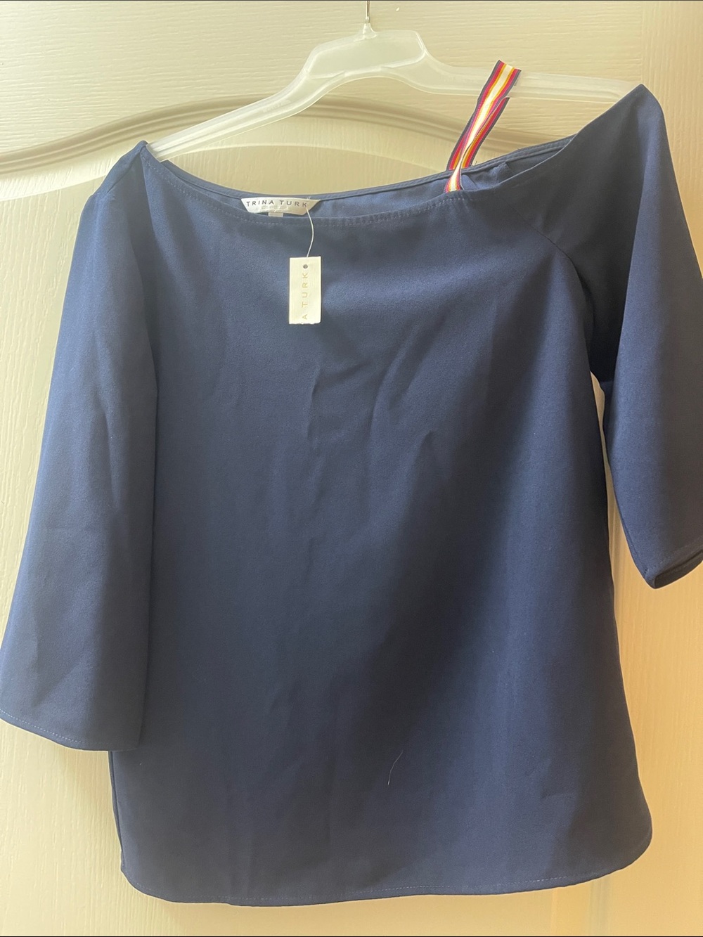 NWT Trina Turk Navy Boatneck Short-Sleeve Blouse